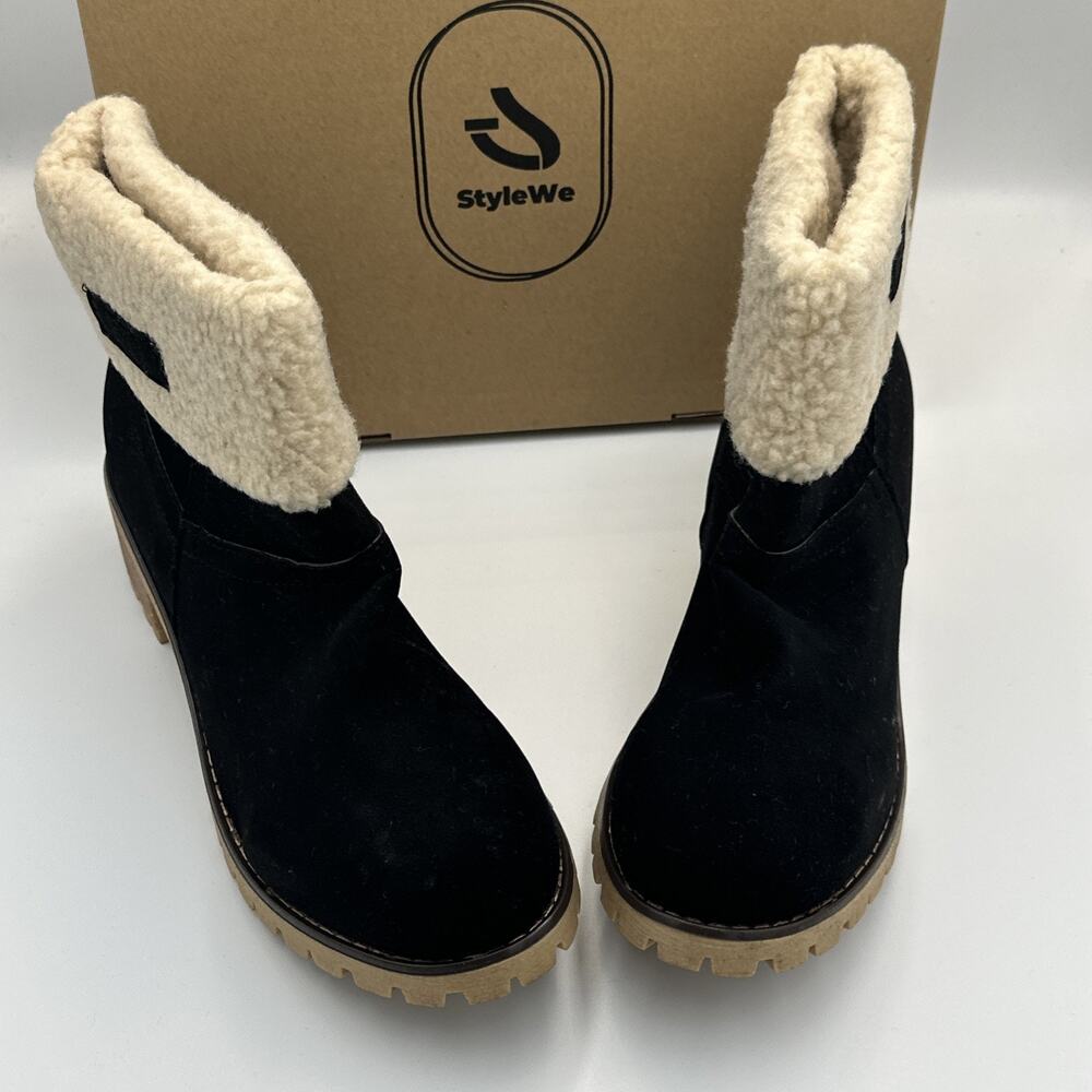 Chunky Ankle Boots Women's Size 10.5 ( Euro 43) Black Faux Suede Sherpa Upper - Picture 2 of 7